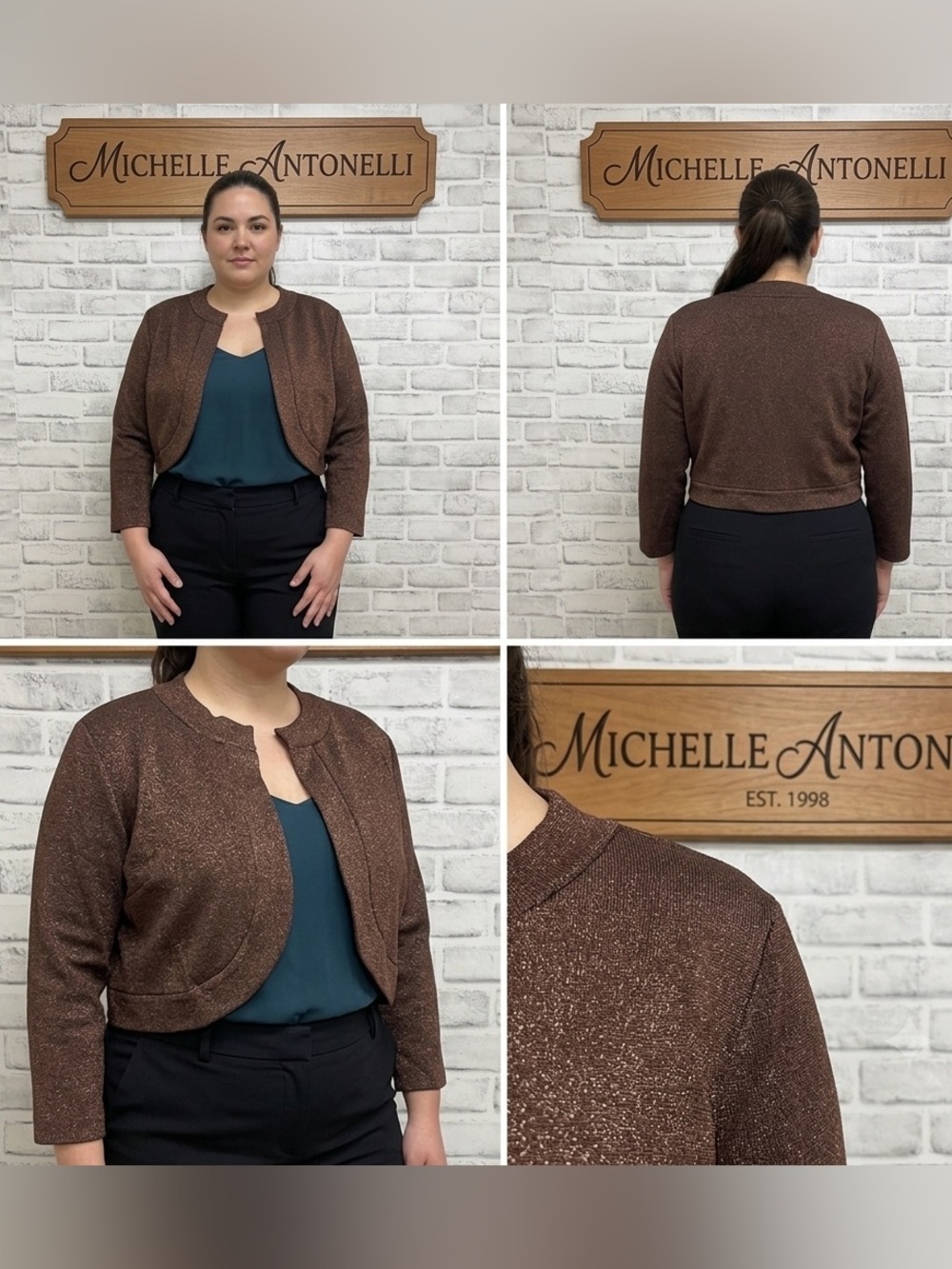 Michelle Antonelli Brown Copper Metallic Silk Blend Bolero NEW Large